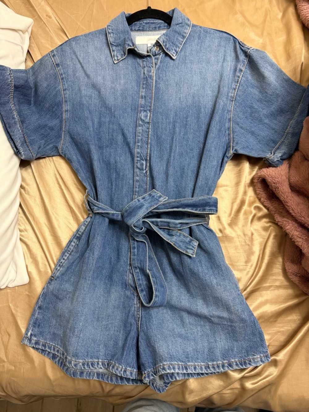 Zara Light Blue Denim Romper with Tie Waist